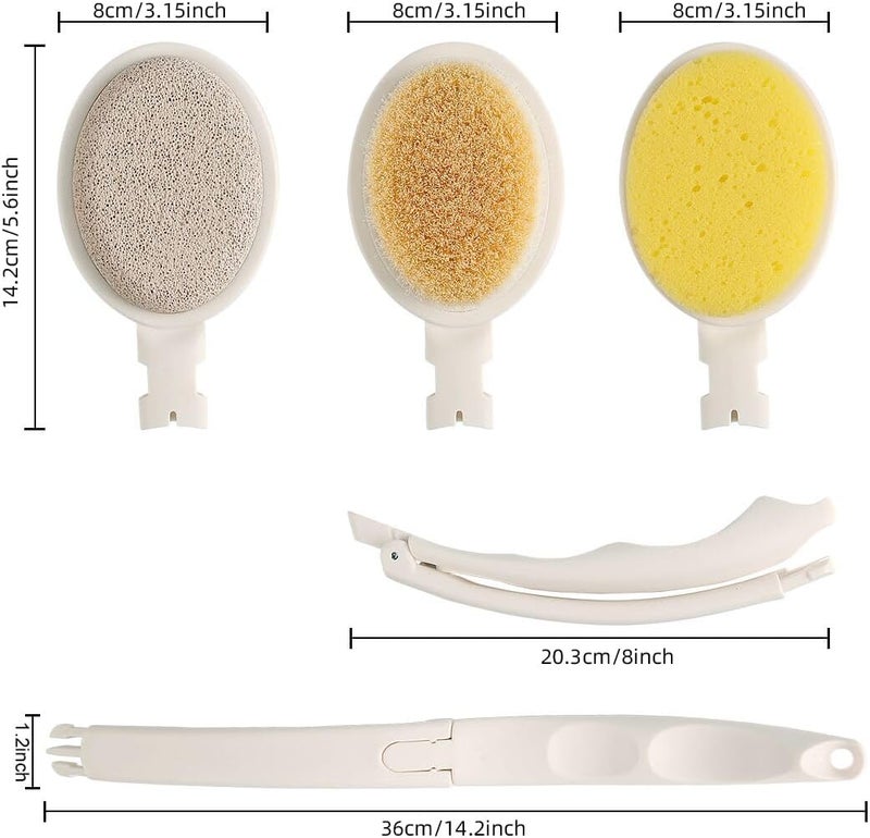 LFJ 19" Long Handle Shower Sponge Brush Set, 3 in 1 Body Brush, Bath Sponge and Lotion Applicator Improved Skin Health, Suitable for Men and Women (White Brush with pumice-1P) - Image 2